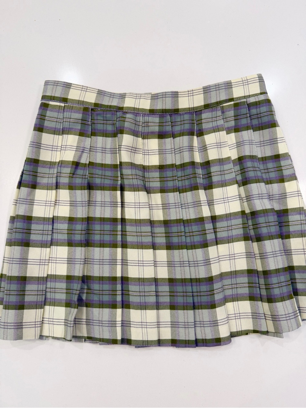 Motel Rocks Plaid Pleated Mini Skirt in Cream, Olive & Lavender
